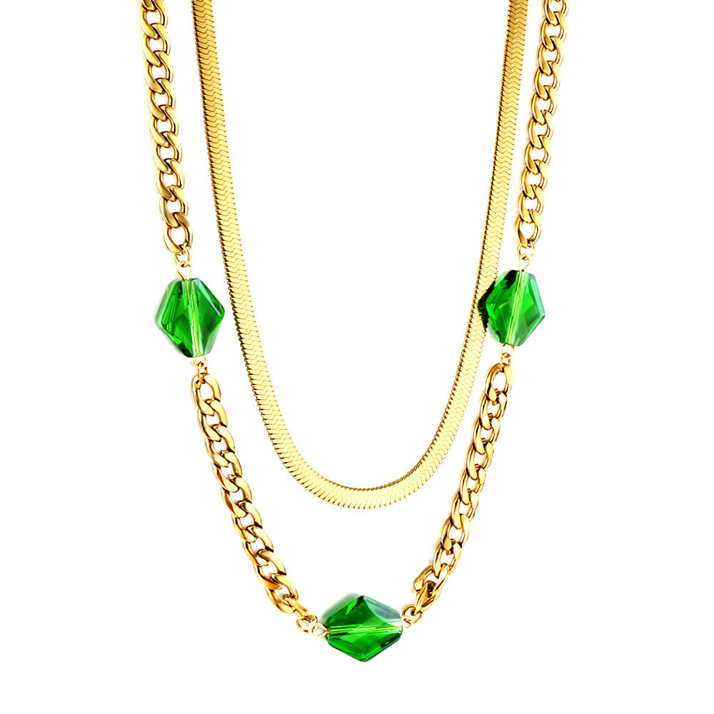 3 Rhombus Green Diamonds Accessory Double Chain Necklace asonjewelry